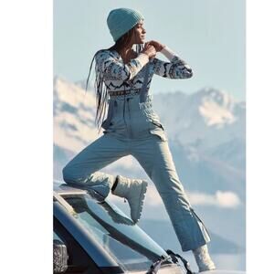 New Free People All Prepped Bibb Ski Overalls $428 LARGE Aqua Haze Snow Bib